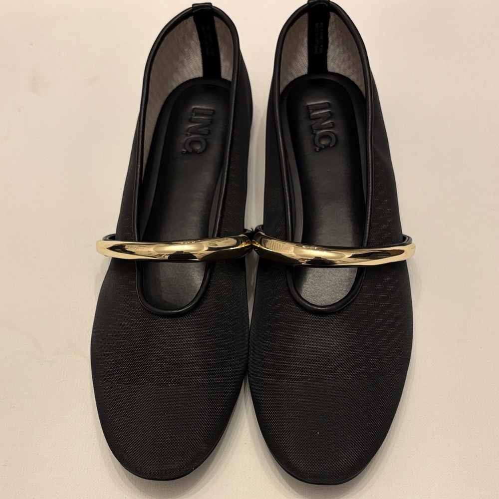 INC International Concepts Sheer Black Flats with Gold Detail New 8.5M